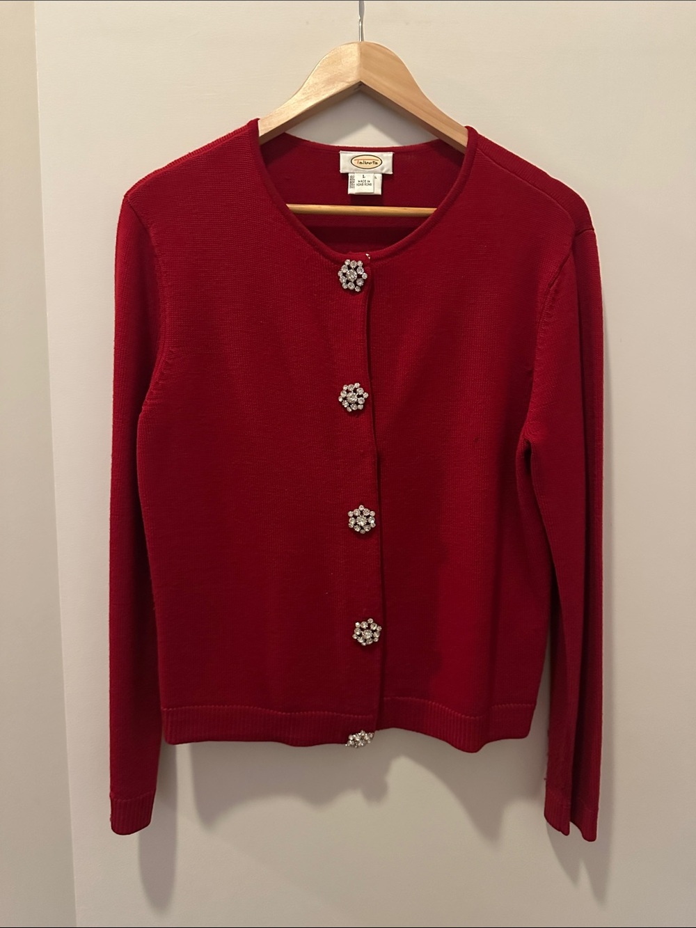 Talbots Red Knit Cardigan with Floral Jewel Buttons